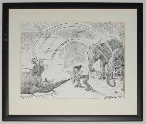 Ian Botham. Charles Griffin. &lsquo;Watch what you say.....&rsquo;. Large amusing and detailed original pen and ink artwork showing an image of Ian Botham in a large shed swinging an elephant around and slamming it to the floor. Two other elephants are looking on. Th
