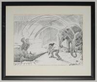 Ian Botham. Charles Griffin. &lsquo;Watch what you say.....&rsquo;. Large amusing and detailed original pen and ink artwork showing an image of Ian Botham in a large shed swinging an elephant around and slamming it to the floor. Two other elephants are looking on. Th