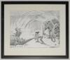 Ian Botham. Charles Griffin. &lsquo;Watch what you say.....&rsquo;. Large amusing and detailed original pen and ink artwork showing an image of Ian Botham in a large shed swinging an elephant around and slamming it to the floor. Two other elephants are looking on. Th