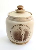 Kumar Shri Ranjitsinhji. Sussex & England 1895-1920. A Victorian stoneware cream coloured tobacco jar and cover with a sepia transfer printed full length image of Ranjitsinhji in batting pose at the wicket with name &lsquo;K.S. Ranjitsinhji&rsquo; below. To base &lsquo;A.O