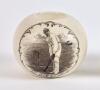 Kumar Shri Ranjitsinhji. Sussex & England 1895-1920. A stoneware circular match holder with transfer printed full length image of Ranjitsinhji full length in batting pose. Produced by Kepple of Bristol. Approx 2.75&rdquo; high. Registration number R319664 for 1