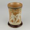 Doulton Lambeth stoneware waisted body tankard with art noveau designs of stylised hearts and white on blue dots, with sporting figures in relief in white showing two footballers with ball, athletics runner and shot putting. 6&rdquo; tall. Impressed Doulton Lam - 2