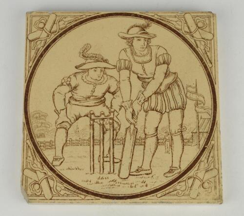 Cricket tile. Large Minton tile decorated with cricket scene to face in brown and cream. From the &lsquo;Elizabethan&rsquo; series c1860. 6&rdquo;x6&rdquo;. Chip to lower left hand corner and smaller chip to top right hand corner, also larger chip to back edge of the reverse of 