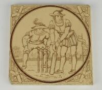 Cricket tile. Large Minton tile decorated with cricket scene to face in brown and cream. From the &lsquo;Elizabethan&rsquo; series c1860. 6&rdquo;x6&rdquo;. Chip to lower left hand corner and smaller chip to top right hand corner, also larger chip to back edge of the reverse of 