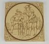 Cricket tile. Large Minton tile decorated with cricket scene to face in brown and cream. From the &lsquo;Elizabethan&rsquo; series c1860. 6&rdquo;x6&rdquo;. Chip to lower left hand corner and smaller chip to top right hand corner, also larger chip to back edge of the reverse of 