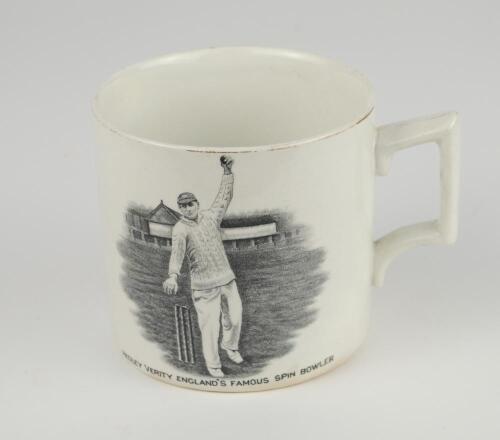 Hedley Verity. Yorkshire & England, 1930-39. W. Ellis of Bramley commemorative mug for &sbquo;&Auml;&ograve;Hedley Verity, England&rsquo;s Famous Spin Bowler&rsquo; with vignette of Verity in bowling pose. Verity&rsquo;s &lsquo;England and Australian Test Records&rsquo; to verso, ten wickets v Warwicks