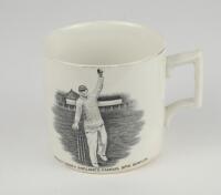 Hedley Verity. Yorkshire & England, 1930-39. W. Ellis of Bramley commemorative mug for &sbquo;&Auml;&ograve;Hedley Verity, England&rsquo;s Famous Spin Bowler&rsquo; with vignette of Verity in bowling pose. Verity&rsquo;s &lsquo;England and Australian Test Records&rsquo; to verso, ten wickets v Warwicks
