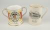 M.C.C. Bicentenary 1787-1987. Spode china two handled loving tankard with decoration and titles to front and back, gold lustre to handles, rim, and base. 4.5&rdquo; tall. Very good condition. Sold with a further Sandland one pint ceramic tankard produced to com