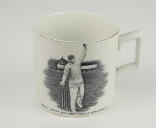 Hedley Verity. Yorkshire & England, 1930-39. W. Ellis of Bramley commemorative mug for &sbquo;&Auml;&ograve;Hedley Verity, England&rsquo;s Famous Spin Bowler&rsquo; with vignette of Verity in bowling pose. Verity&rsquo;s &lsquo;England and Australian Test Records&rsquo; to verso, ten wickets v Warwicks