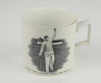 Hedley Verity. Yorkshire & England, 1930-39. W. Ellis of Bramley commemorative mug for &sbquo;&Auml;&ograve;Hedley Verity, England&rsquo;s Famous Spin Bowler&rsquo; with vignette of Verity in bowling pose. Verity&rsquo;s &lsquo;England and Australian Test Records&rsquo; to verso, ten wickets v Warwicks