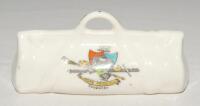 Cricket bags. Four large crested china cricket bags with colour emblems for &lsquo;Coventry&rsquo;, &lsquo;Leeds&rsquo;, Southampton&rsquo; and &lsquo;West Kirby&rsquo;. Each Approx 4.25&rdquo; long. Plus a medium cricket bag for &lsquo;Great Yarmouth&rsquo;. Various makers. Qty 5. G