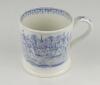 Village cricket mug. Staffordshire 19th century mug, transfer printed in pale blue with two scenes of village cricket to either side, with church and tents to background, floral and oak leaf rim decoration and crossed cricket bats, balls and stumps decora