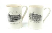 &lsquo;Lord&rsquo;s Cricket Ground-The Pavilion. Marylebone Cricket Club&rsquo; and &lsquo;Lancashire County Cricket Club. Member&rsquo;s Pavilion, Old Trafford&rsquo;. Two Sandland Ware ceramic tankards with transfer printed image of each pavilion to each side and &lsquo;Old Father Time&rsquo; and Lan
