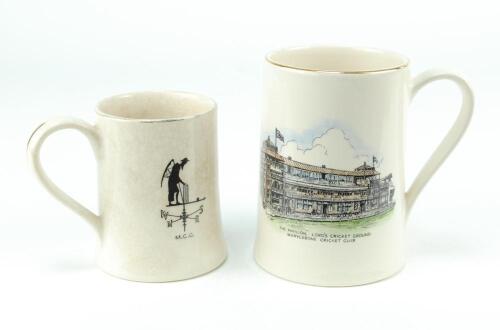 Lord&rsquo;s Cricket Ground- The Pavilion. Marylebone Cricket Club&rsquo;. Two examples of the Sandland ware ceramic tankards with transfer printed images in colour of the pavilion at Lord&rsquo;s, each with old father time to verso. One 5&rdquo; and the other 3.75&rdquo;. Gold lustre