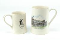 Lord&rsquo;s Cricket Ground- The Pavilion. Marylebone Cricket Club&rsquo;. Two examples of the Sandland ware ceramic tankards with transfer printed images in colour of the pavilion at Lord&rsquo;s, each with old father time to verso. One 5&rdquo; and the other 3.75&rdquo;. Gold lustre