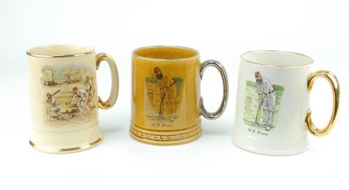 W.G. Grace. Custard yellow tankard with colour transfer printed image of Grace in batting pose to side. 4.75&rdquo; tall. Silver lustre to rim and handle. Sold with an identical tankard in white glaze with gold lustre to handle and rim and an Arthur Wood &sbquo;&Auml;&ograve;Sp