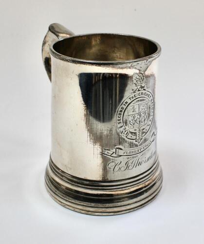 Charles Inglis Thornton. Kent, Cambridge University & Middlesex 1867-1885. Silver hallmarked tankard with scroll shaped handle and glass bottom presented to Thornton for coming second in &lsquo;Throwing the Cricket Ball&rsquo; at his school Eton in 1866. The tankard 