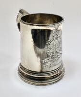 Charles Inglis Thornton. Kent, Cambridge University & Middlesex 1867-1885. Silver hallmarked tankard with scroll shaped handle and glass bottom presented to Thornton for coming second in ‘Throwing the Cricket Ball’ at his school Eton in 1866. The tankard 