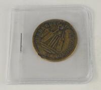 ‘Hubbard’s Cricket Ground. The Greyhound Loughborough’ Early brass [?] disc admission ticket/token with name of the ground impressed to one side with centre image of two bats, stumps and ball and to the other impressed name of the public house and town, t