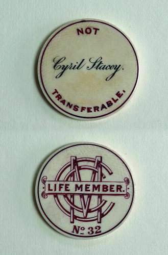 M.C.C. ivory Life Membership badge/token presented to and used by Cyril Stacey from around 1888 onwards. The badge/token has the M.C.C. emblem to one side with membership number 32 to lower border and to the verso his name &lsquo;Cyril Stacey&rsquo; and &lsquo;Not Transfer