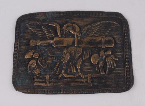 &lsquo;American Eagle&rsquo;. Early exquisite Victorian brass belt buckle featuring an eagle holding cricket stumps in its talons and cricket cap, gloves, boots, ball, bails hanging off ends of cricket bat in its beak with beaded decoration to edges. The buckle measu