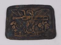 ‘American Eagle’. Early exquisite Victorian brass belt buckle featuring an eagle holding cricket stumps in its talons and cricket cap, gloves, boots, ball, bails hanging off ends of cricket bat in its beak with beaded decoration to edges. The buckle measu