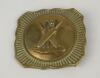 Cricket buckle. Early Victorian raised square brass belt buckle featuring crossed bats, stumps, bails and ball to centre panel, lined decoration to borders. The buckle measures around 2.25” with clasp and flat hook to back. Good condition