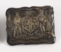 ‘Advance Australia’. Early exquisite Victorian embossed oblong brass belt buckle, with clasp and flat hook to back, featuring the Australian emblem to centre with a batsman and a bowler to either side with the wording ‘Advance Australia’ beneath, decorati