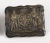 &lsquo;Advance Australia&rsquo;. Early exquisite Victorian embossed oblong brass belt buckle, with clasp and flat hook to back, featuring the Australian emblem to centre with a batsman and a bowler to either side with the wording &lsquo;Advance Australia&rsquo; beneath, decorati