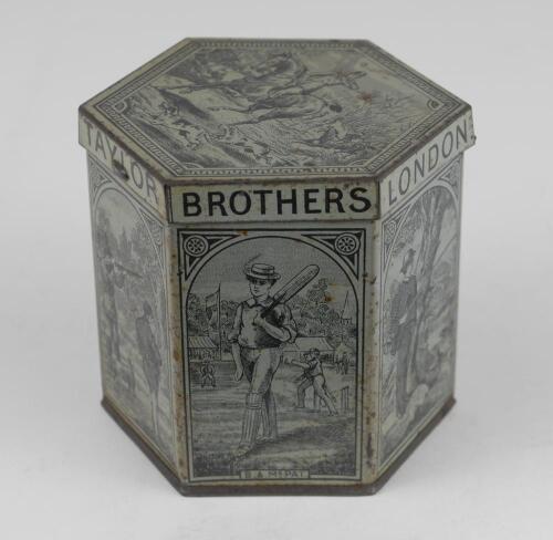 Sporting Mustard tin c1880/90&rsquo;s. Taylor Brothers of London hexagonal mustard tin with scenes of various sports to the six sides and lid. Sports featured are cricket, tennis, rugby, fishing, sailing and shooting, with hunting to lid. Images patented by Bry