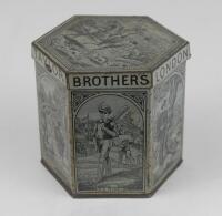 Sporting Mustard tin c1880/90’s. Taylor Brothers of London hexagonal mustard tin with scenes of various sports to the six sides and lid. Sports featured are cricket, tennis, rugby, fishing, sailing and shooting, with hunting to lid. Images patented by Bry