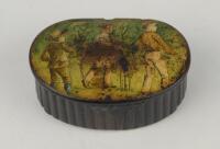 Cricket snuff box. A black lacquered papier mache kidney shaped snuff/pill box with hinged lid, believed to be circa 1870/80’s. The lid painted with a cricketing scene of boys playing cricket with trees in background. The box measures approximately 2.5”x1