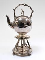 Cricket kettle and stand with burner. Large, attractive and unusual Victorian silver plated cricket kettle on stand with spirit burner beneath. The detachable kettle with naturalistic branch handle with mounted finial of a batsman wearing cap. The spirit 