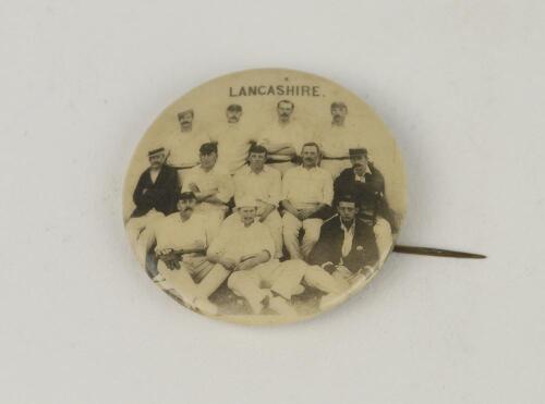 Lancashire circa 1890’s. Circular picture pin badge/button of the Lancashire team, standing and seated in rows. Players featured include Mold, Smith etc. Minor rusting to verso, minor wear otherwise in good condition