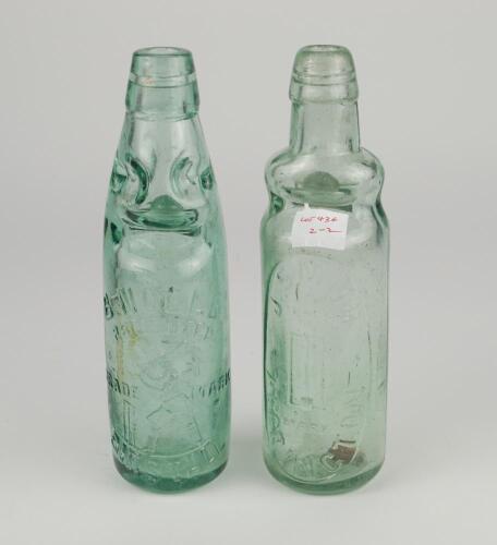 Cricket bottles. Attractive cricket glass lemonade bottles c1870/90’s with ‘Codd’s patent’ glass ‘marble’ ball stop and ‘Rylands Bulb patent’ glass ‘marble’ ball stop. One for ‚ÄòB. Noble of Birstall’ with figure of a batsman, stumps and ball to side of b