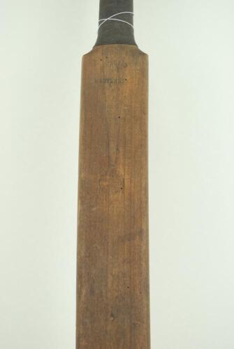 ‘A Warsop Triangular Bat circa1890’. A triangular practice cricket bat made by Benjamin Warsop of St.John’s Wood, London. The triangular shaped bat’s blade is only 2.5” in width and has ‘B. Warsop, Marylebone’ stamped across the splice and below a faded t