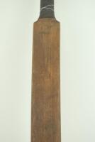 ‘A Warsop Triangular Bat circa1890’. A triangular practice cricket bat made by Benjamin Warsop of St.John’s Wood, London. The triangular shaped bat’s blade is only 2.5” in width and has ‘B. Warsop, Marylebone’ stamped across the splice and below a faded t