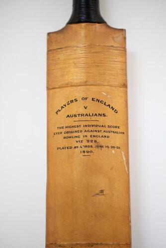 William Gunn. Nottinghamshire & England 1880-1904. A Warsop ‘Conqueror’ cricket bat used by William Gunn in making 228, the highest individual against the Australians in England, for for the Players of England team who played the Australians at Lord’s in 