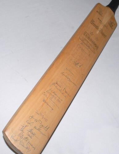 West Indies tour to England 1966. Full size Stuart Surridge &lsquo;County Driver&rsquo; bat signed in ink to the face by seventeen members of the West Indies touring party and eleven England players. West Indies signatures include Sobers (Captain), Hunte, Holford, Bu