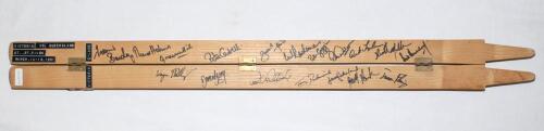 Victoria vs. Queensland 1990/91. Split and hinged Grey Nicholls stump signed to the inside in thick black pen by the teams for the Sheffield Shield match played at St. Kilda, Melbourne, 14th- 17th March 1991. Seven Victoria signatures are Phillips, Berry,