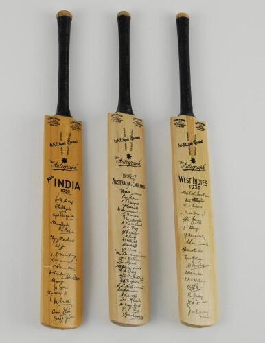 Gunn & Moore. Three Gunn & Moore miniature cricket bats with facsimile autographs printed to them. The teams are All India 1936, Australia v England 1936-37 Ashes and the West Indies team of 1939. Each bat is wrapped in original Gunn & Moore paper package