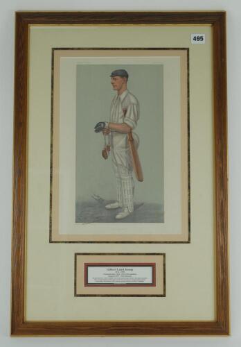 Gilbert Laird Jessop, Gloucestershire & England 1894-1914. Original Vanity Fair colour chromolithograph of Jessop in batting attire entitled ‚ÄòThe Croucher’ and dated July 25th 1901 by artist SPY. Very nicely signed by Jessop in black ink to lower border