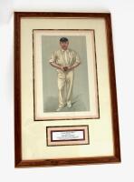 George Herbert Hirst. Yorkshire & England 1891-1929. Original Vanity Fair colour chromolithograph of Hirst in bowling pose holding the ball entitled ‚ÄòYorkshire’ and dated August 120th 1903 by artist SPY. Very nicely signed by Hirst in black ink to lower