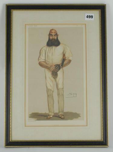 William Gilbert Grace. Gloucestershire & England 1865-1908. Original Vanity Fair colour chromolithograph of Grace wearing batting attitre and M.C.C. cap entitled ‚ÄòCricket’ and dated July 9th 1877 by artist SPY. Nicely mounted, framed and glazed, 13.5”x1