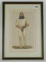 William Gilbert Grace. Gloucestershire & England 1865-1908. Original Vanity Fair colour chromolithograph of Grace wearing batting attitre and M.C.C. cap entitled ‚ÄòCricket’ and dated July 9th 1877 by artist SPY. Nicely mounted, framed and glazed, 13.5”x1