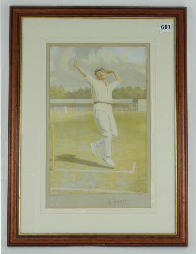 Wilfred Rhodes. Yorkshire & England 1898-1930. Excellent print of Rhodes in bowling action, from the original by Ernest Moore, 1923, published by Weatherells of Leeds, reproduced by Beck & Inchbold of Leeds. Signed to the lower border by Rhodes. Mounted, 