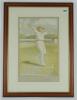 Wilfred Rhodes. Yorkshire & England 1898-1930. Excellent print of Rhodes in bowling action, from the original by Ernest Moore, 1923, published by Weatherells of Leeds, reproduced by Beck & Inchbold of Leeds. Signed to the lower border by Rhodes. Mounted, 