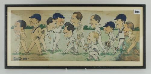 &lsquo;Essex 1926&rsquo;. Excellent original pen and ink with colour and colour wash artwork by artist Reginald Clark, showing the Essex team being led out onto the pitch by Johnny Douglas, each players is drawn full length and have wonderfully characteristic details
