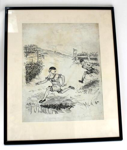 ‘The Test’ England v Australia 1909. Excellent large original pen and ink artwork by artist ‘A.S.M.’, showing the two opposing Captain’s Archie Maclaren of England and Monty Noble of Australia depicted running in a cross country race, boith wearing athlet