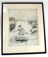 ‘The Test’ England v Australia 1909. Excellent large original pen and ink artwork by artist ‘A.S.M.’, showing the two opposing Captain’s Archie Maclaren of England and Monty Noble of Australia depicted running in a cross country race, boith wearing athlet